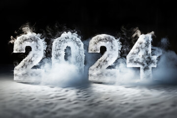 Big numbers year 2024 depicted in frosty figures amidst mist on dark background.For greeting card, event flyers, banners, and digital countdowns. Graphic design for websites or social media posts - obrazy, fototapety, plakaty