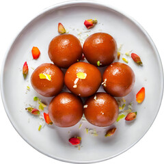 Indian sweet Gulab Jamun served on a round white plate with a transparent background