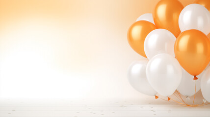 orangene und weiße Ballons mit Platz für Text. Querformat 16:9. Generative Ai.