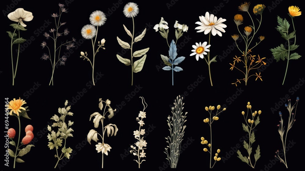 Poster a collection of various types of flowers arranged together on a black background. this versatile ima