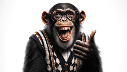 chimpanzee laughing out loud and showing thumb up. Funny Nerdy chimp giving thumbs up. - obrazy, fototapety, plakaty