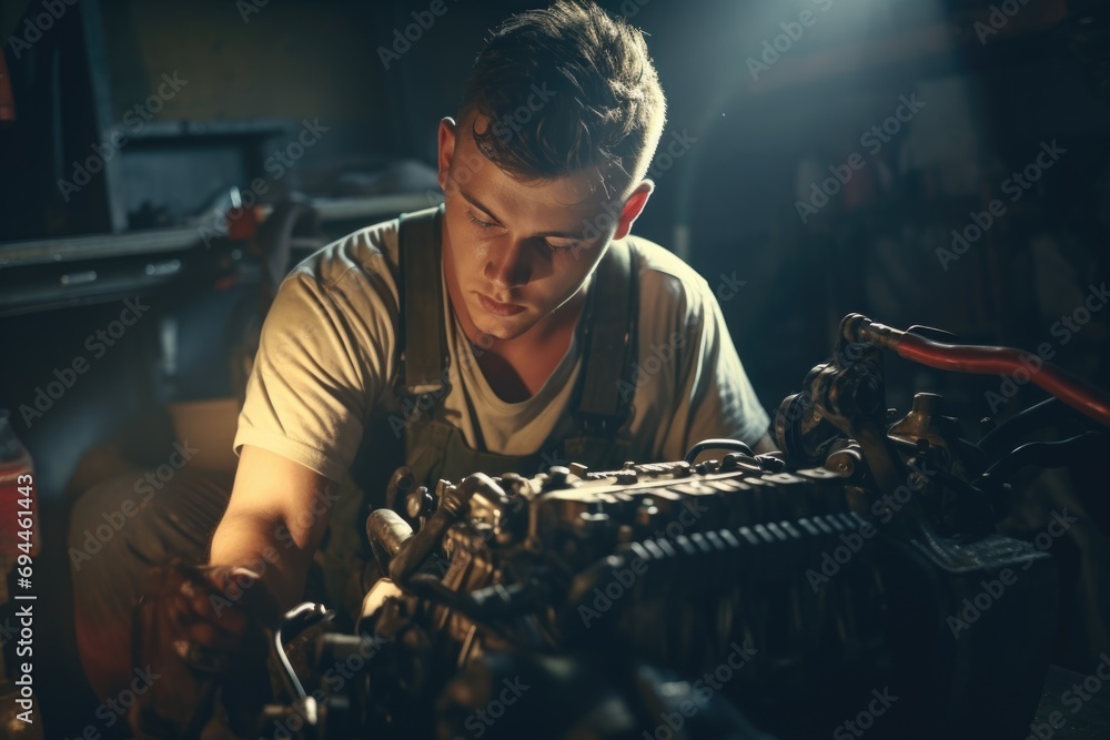 Poster a man is seen working on an engine in a garage. this image can be used to depict automotive repairs 