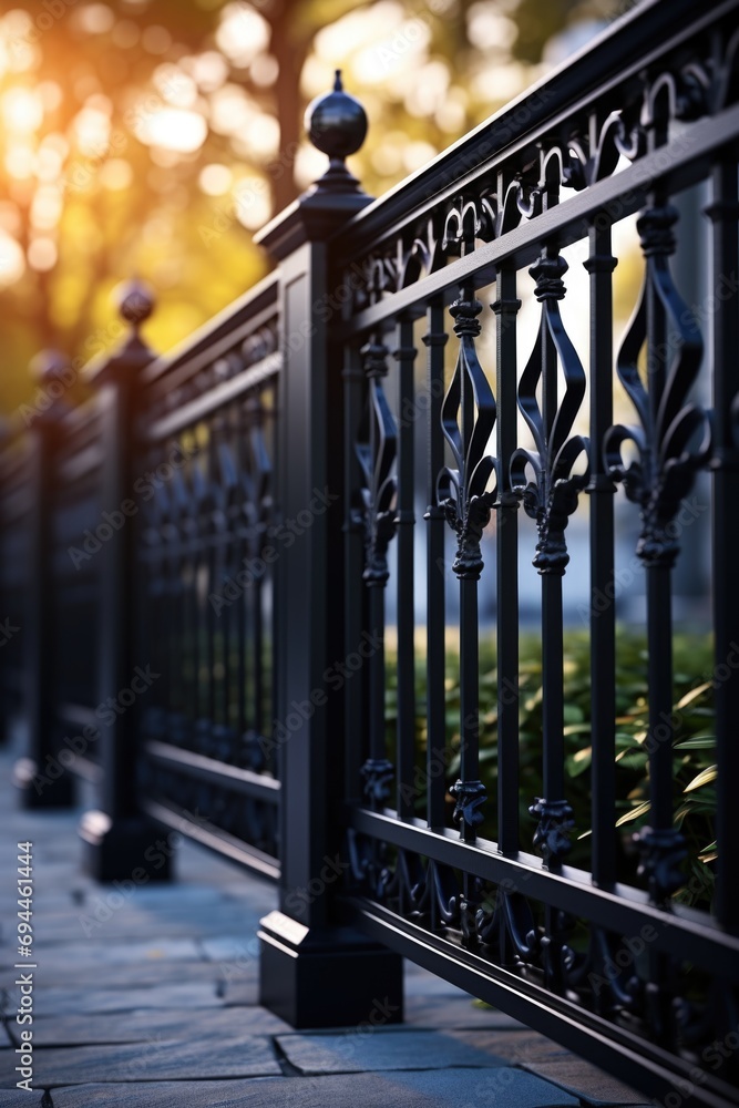Poster a picture of a black iron fence sitting on top of a sidewalk. perfect for adding a touch of elegance