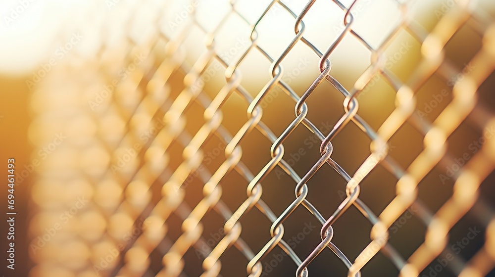 Poster a detailed view of a chain link fence. this image can be used to depict security, boundaries, or bar