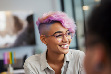 Beautiful homosexual job candidate in an inclusive and fair  job interview. Diversity, equity, inclusion, and belonging in business. - obrazy, fototapety, plakaty