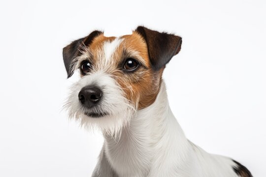 A small dog with white and brown fur and a black nose. Suitable for pet-related projects or advertisements