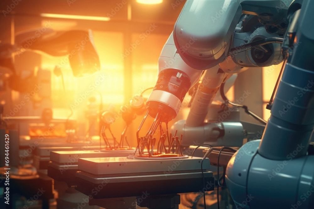 Poster a robot diligently working on a piece of metal. perfect for industrial and technology-related projec