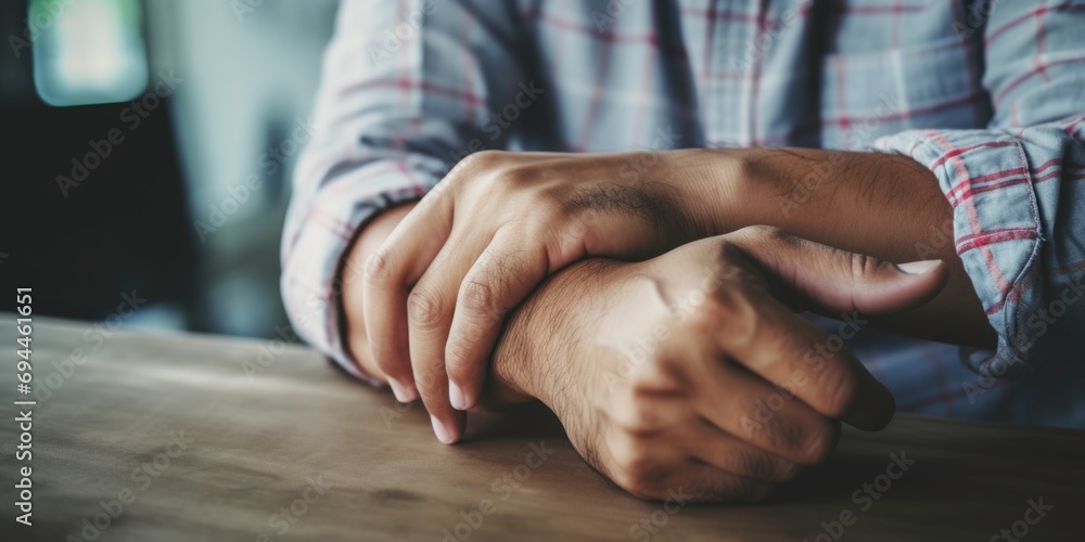 Poster Hands of a person resting on a table. Suitable for business, office, or relaxation concepts