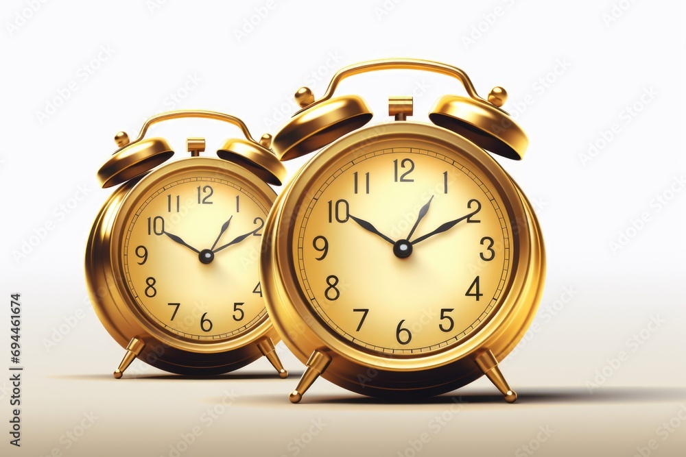 Aufkleber two golden alarm clocks sitting next to each other. perfect for time management concepts and product