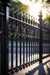 A black iron fence running alongside a road. Suitable for urban or rural scenes