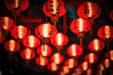 Obraz na płótnie Canvas Red and white paper lanterns with Chinese characters, night photo, for Chinese New Year