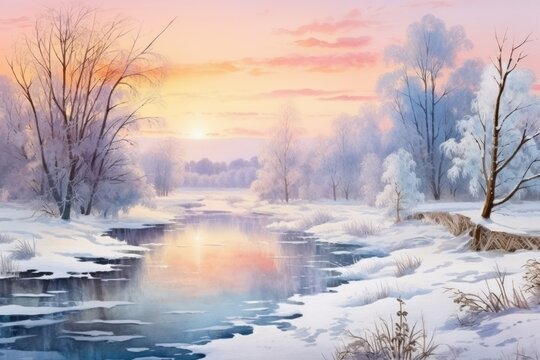 A beautiful painting capturing a river in a snowy landscape. Perfect for adding a touch of winter wonder to any space