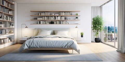 Contemporary bedroom featuring spacious bed and shelving.