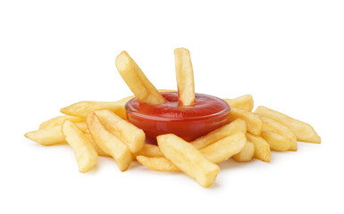 Tasty french fries with ketchup on white background
