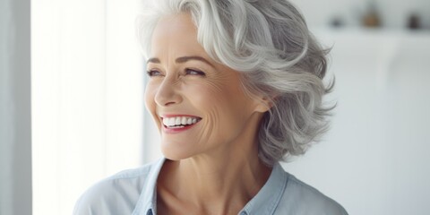 An older woman with a smile on her face, looking away from the camera. Suitable for various uses - obrazy, fototapety, plakaty