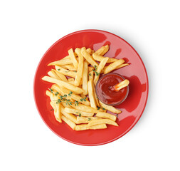 Plate of tasty french fries with ketchup on white background