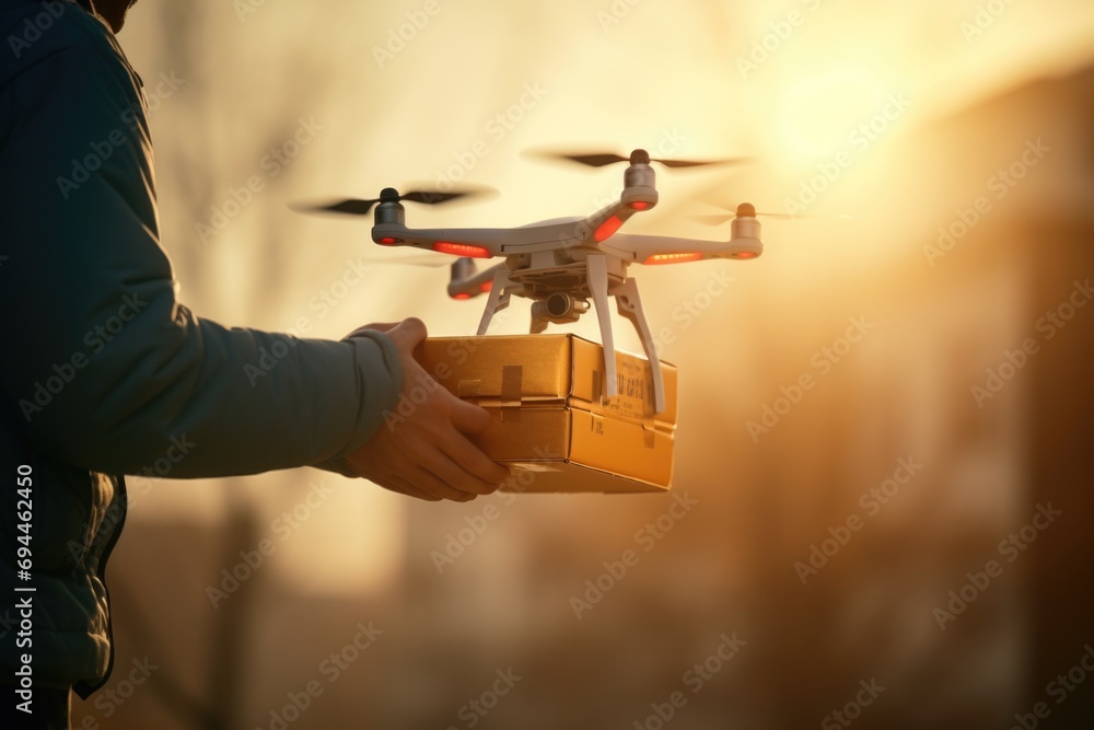 Poster a person holds a box while a drone hovers above it. this image can be used to illustrate the concept