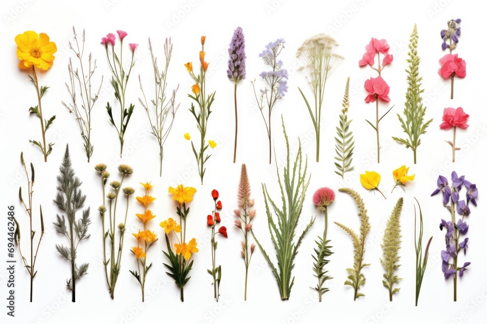 Poster A collection of various types of flowers arranged on a clean white surface. This image can be used for various purposes