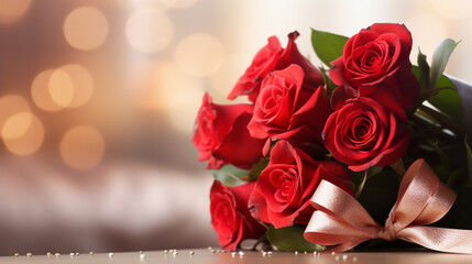 Bouquet of red roses with a red ribbon on wooden table with bokeh, closeup