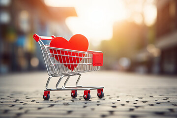 Heart in shopping cart on a street - 694462499