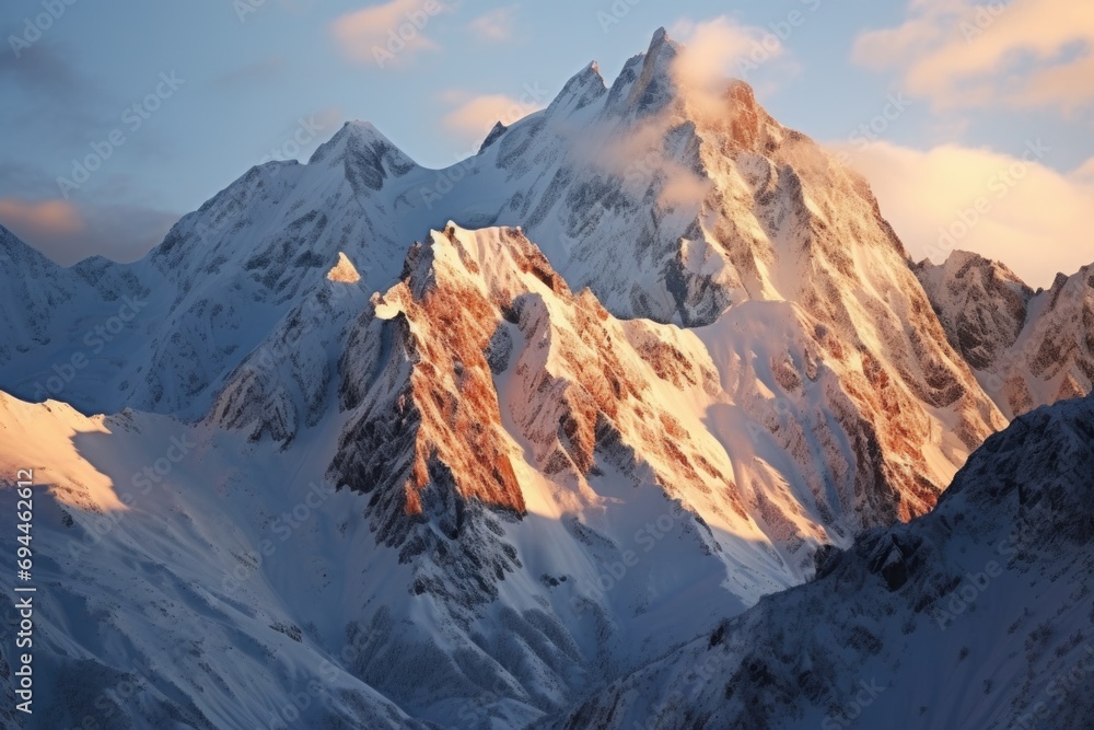 Poster a stunning mountain range covered in snow and surrounded by clouds. perfect for nature and landscape