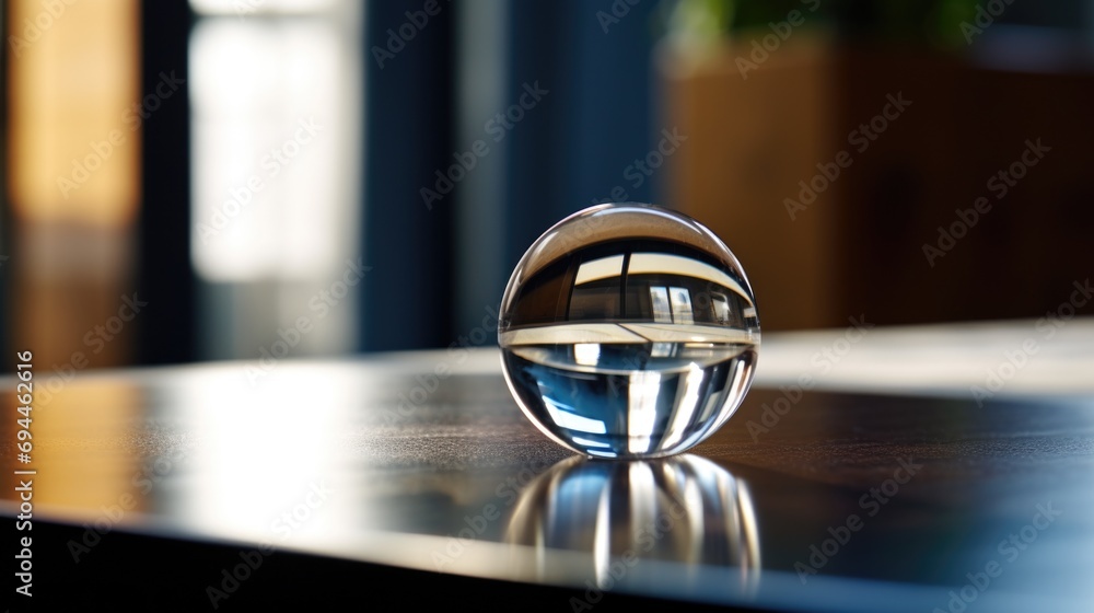 Poster a glass ball sitting on top of a table. suitable for various creative projects