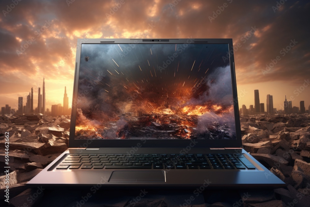 Poster a laptop computer sitting on top of a pile of rubble. suitable for illustrating technology in unexpe