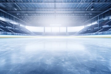 An empty ice rink with rows of seats. This picture can be used to showcase a vacant ice rink or for illustrating a sports venue