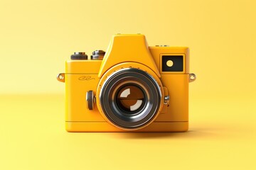 A yellow camera sitting on top of a yellow surface. Perfect for photography enthusiasts or product shots
