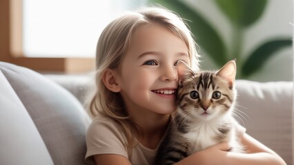 close-up of a cute little child smile happily with his cute pets On the soft sofa cushion In the very warm living room