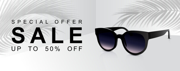 White sunglasses sale banne with tropical plant shadows. Summer sale 50 off. Coupon, voucher, discount flyer vector.