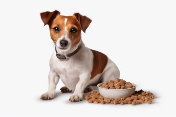 A dog patiently sits next to a bowl of food, waiting to be fed. Perfect for pet-related content and advertisements