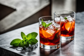 Negroni cocktail in a clear glass combining gin, vermouth, rosso, Campari soda with orange slice, mint, ice on a black stone background. Refreshing drinks To taste relaxation