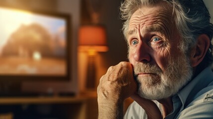 An older man sitting in front of a television. Can be used to depict leisure time, relaxation, or elderly lifestyle