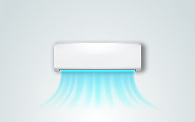 Modern wall mounted air conditioner with flows of cold air. Controlling temperature and climate in room vector realistic illustration.