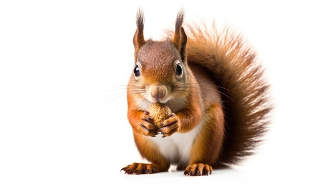 A squirrel is pictured eating a nut on a white surface. Suitable for nature, wildlife, or animal-themed projects