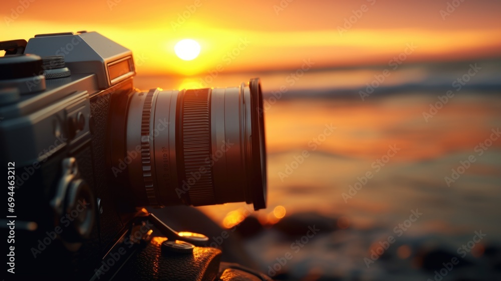 Aufkleber a camera sitting on top of a tripod next to the ocean. suitable for various photography and videogra