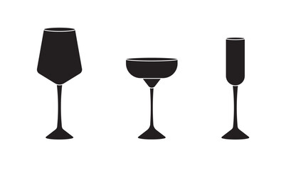 Set of various glasses for alcohol and non alcohol drinks in silhouette style on white background for icons, posters, patterns, webs, apps, wrapping	