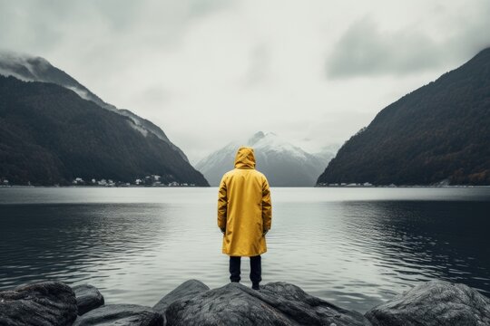 A person wearing a yellow raincoat stands on a rock in front of a body of water. This image can be used to depict solitude, nature, adventure, or outdoor activities