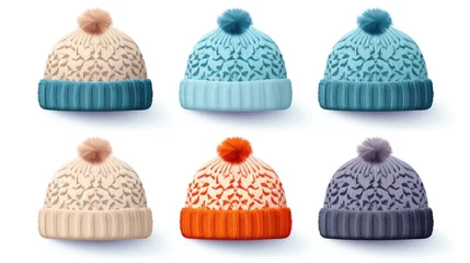 Fotobehang A collection of six knitted hats with adorable pom poms. Perfect for keeping warm during the colder months. Ideal for winter fashion or outdoor activities © Fotograf