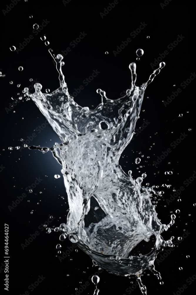 Poster a dynamic water splash captured on a black background. this image can be used to depict energy, moti
