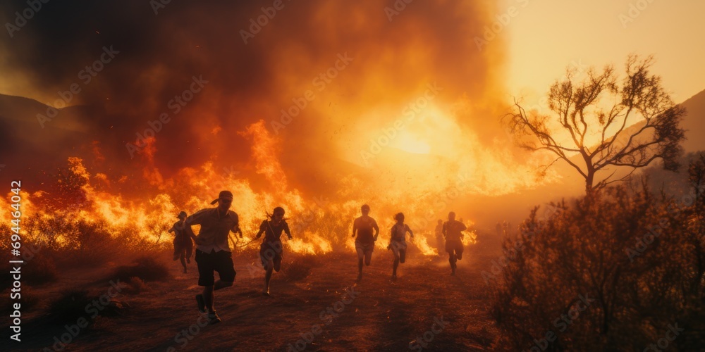 Poster A group of people frantically running away from a raging fire. Suitable for illustrating emergency situations and the need for quick action
