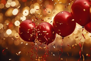 Colorful red balloons floating in the air with confetti. Perfect for celebrations and festive...