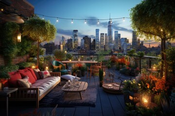 Rooftop garden lounge in the heart of the city.Architectural Visualization. 3D rendering. Interior Design 