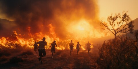 A group of people frantically running away from a raging fire. Suitable for illustrating emergency situations and the need for quick action