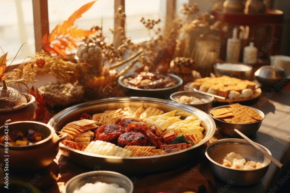 Poster a table displaying a diverse range of mouthwatering food. perfect for food enthusiasts and restauran