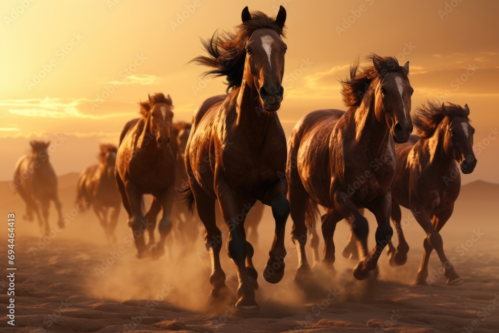 Canvas Prints A powerful and dynamic image capturing a herd of horses running across a sandy field. Ideal for use in equestrian-themed designs and projects