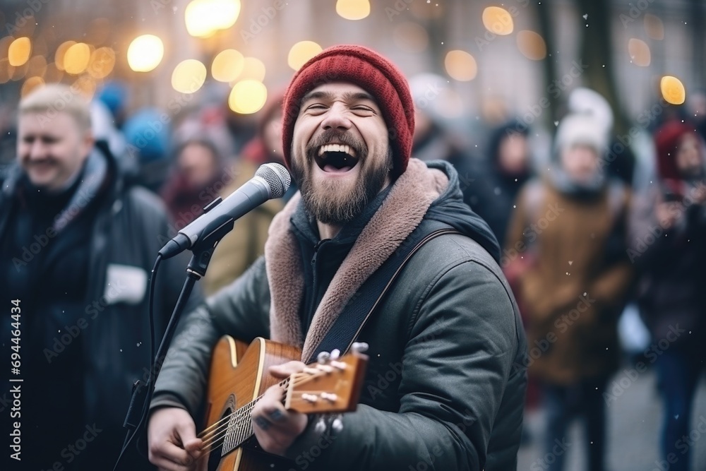 Poster a man singing into a microphone while holding a guitar. suitable for music-related projects
