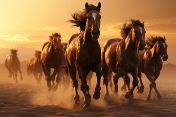 A powerful and dynamic image capturing a herd of horses running across a sandy field. Ideal for use in equestrian-themed designs and projects