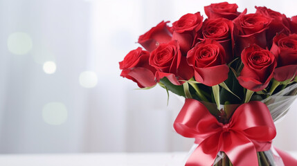 Bouquet of red roses  with a red ribbon on wooden table with bokeh, closeup